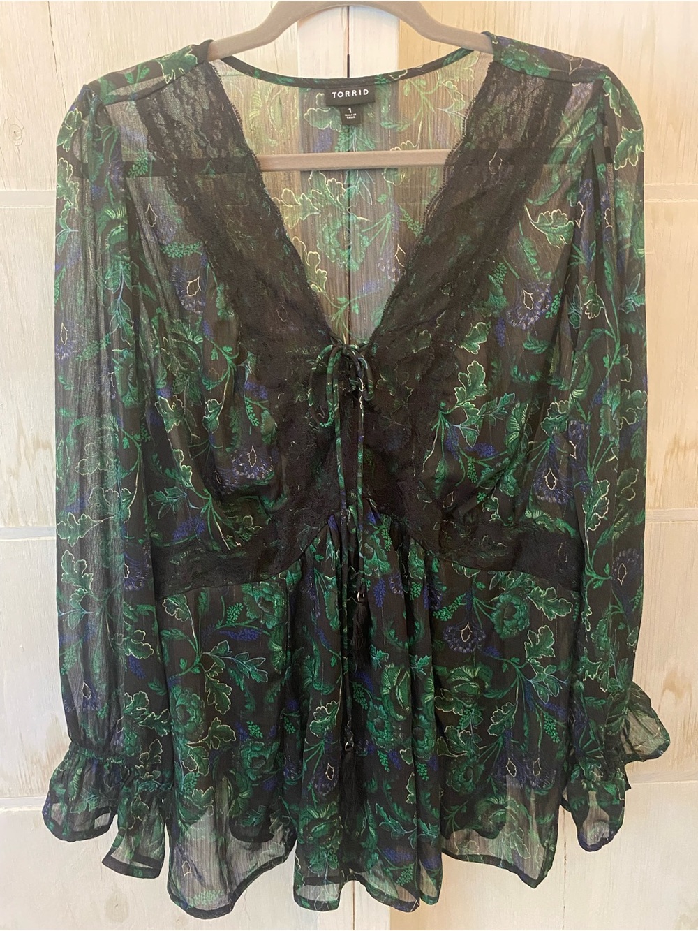 torrid Black Sheer Floral Tie-Front Peplum Blouse 1X